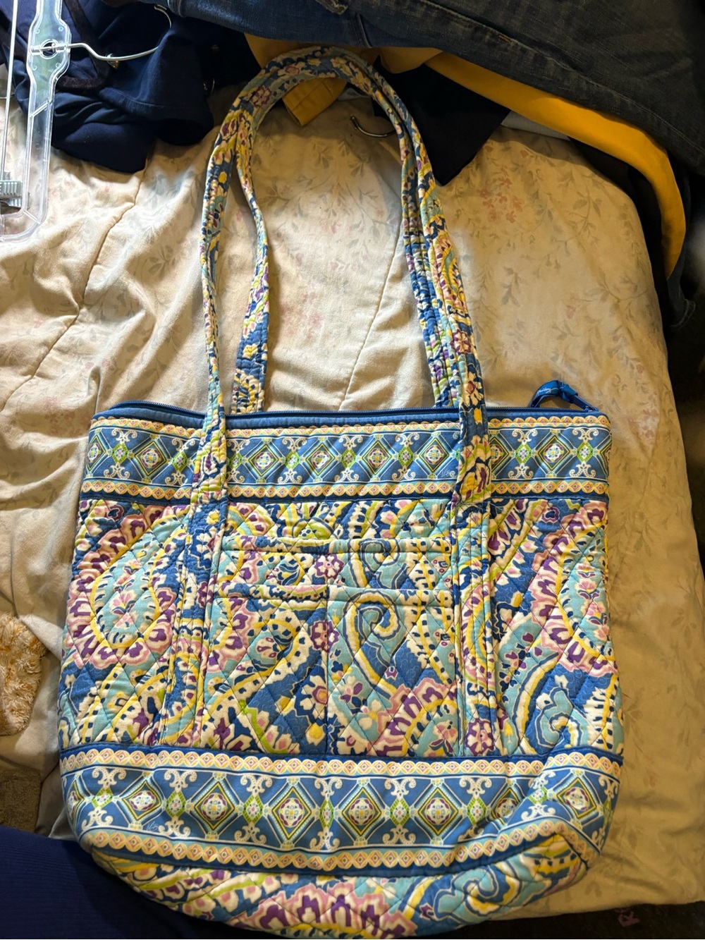Vera Bradley Blue Paisley Quilted Tote Bag Large Zip Top Shoulder Handbag - Picture 2 of 7